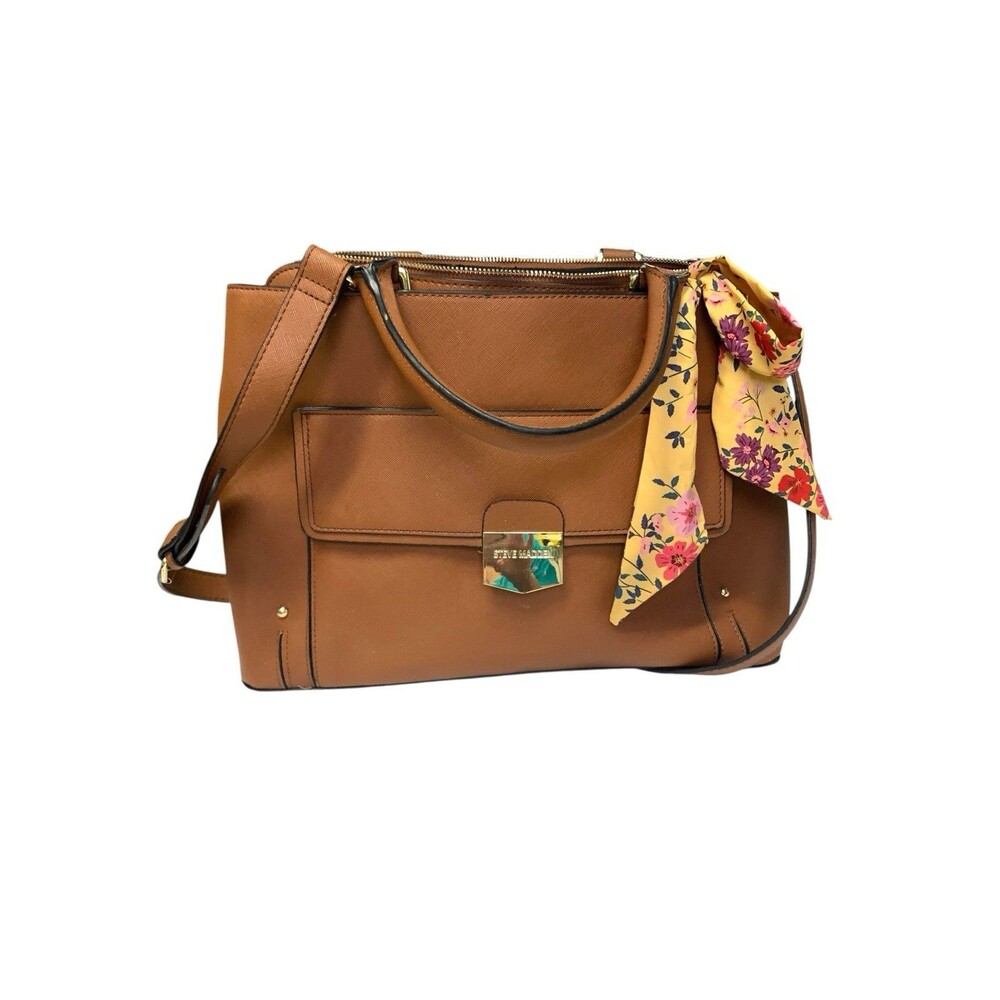 Steve Madden Large Caramel Brown Faux Leather Tote Bag Satchel Shoulder Strap